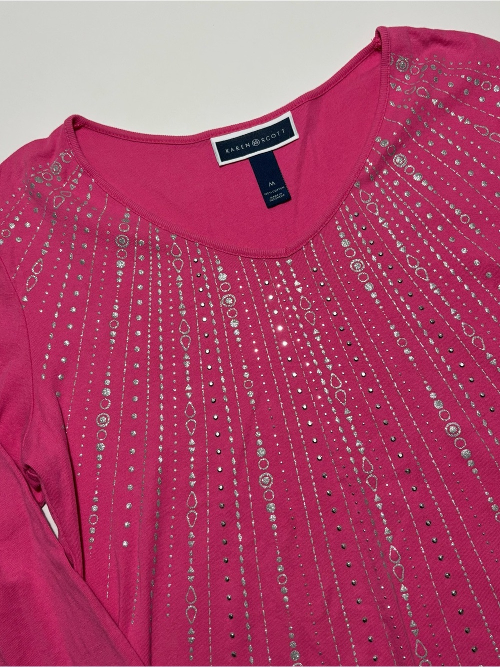 Karen Scott Pink & Silver Glitter Cotton 3/4 Long Sleeve Top